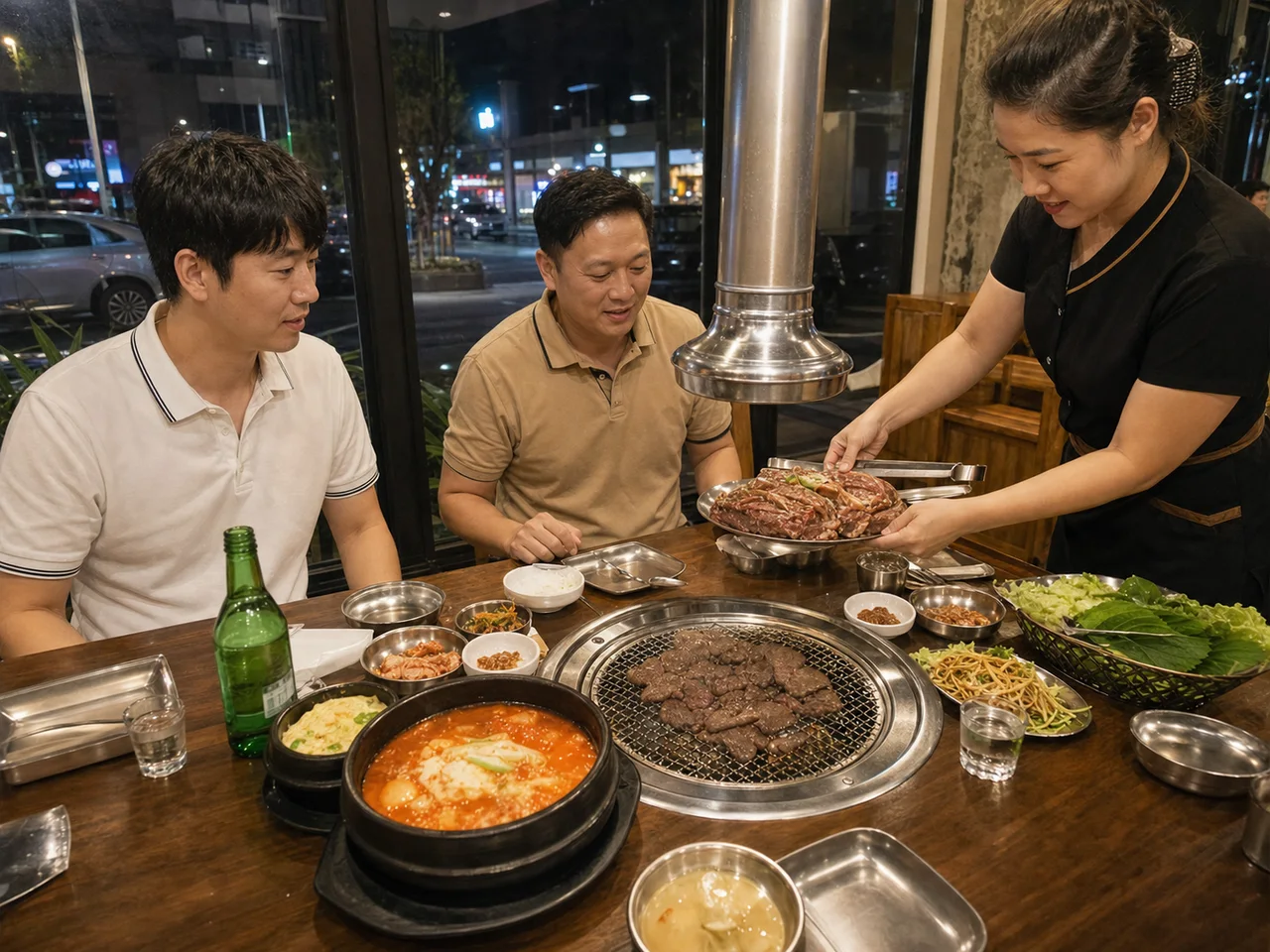 클락 한식당 테이블의 김치찌개와 삼겹살