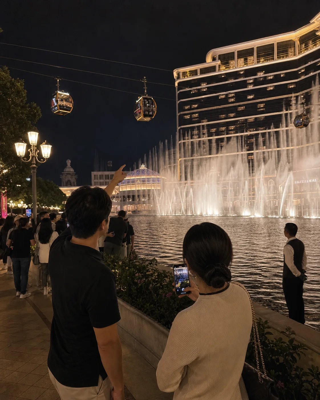 Wynn Palace Performance Lake night view before VIP baccarat
