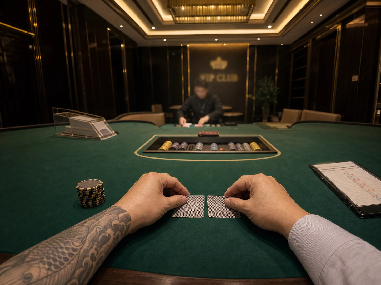 Baccarat VIP club table POV with the same tattooed forearm identity
